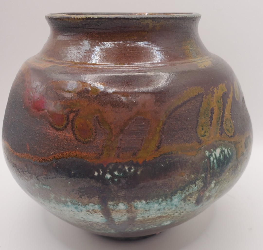 Studio Pottery Vase Bowl Handcrafted Gallery Brown Green Beige Drip Glaze