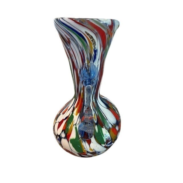 Attributed Fratelli Toso Murano Millefiori Latticino Art Glass Vase Blue Handles