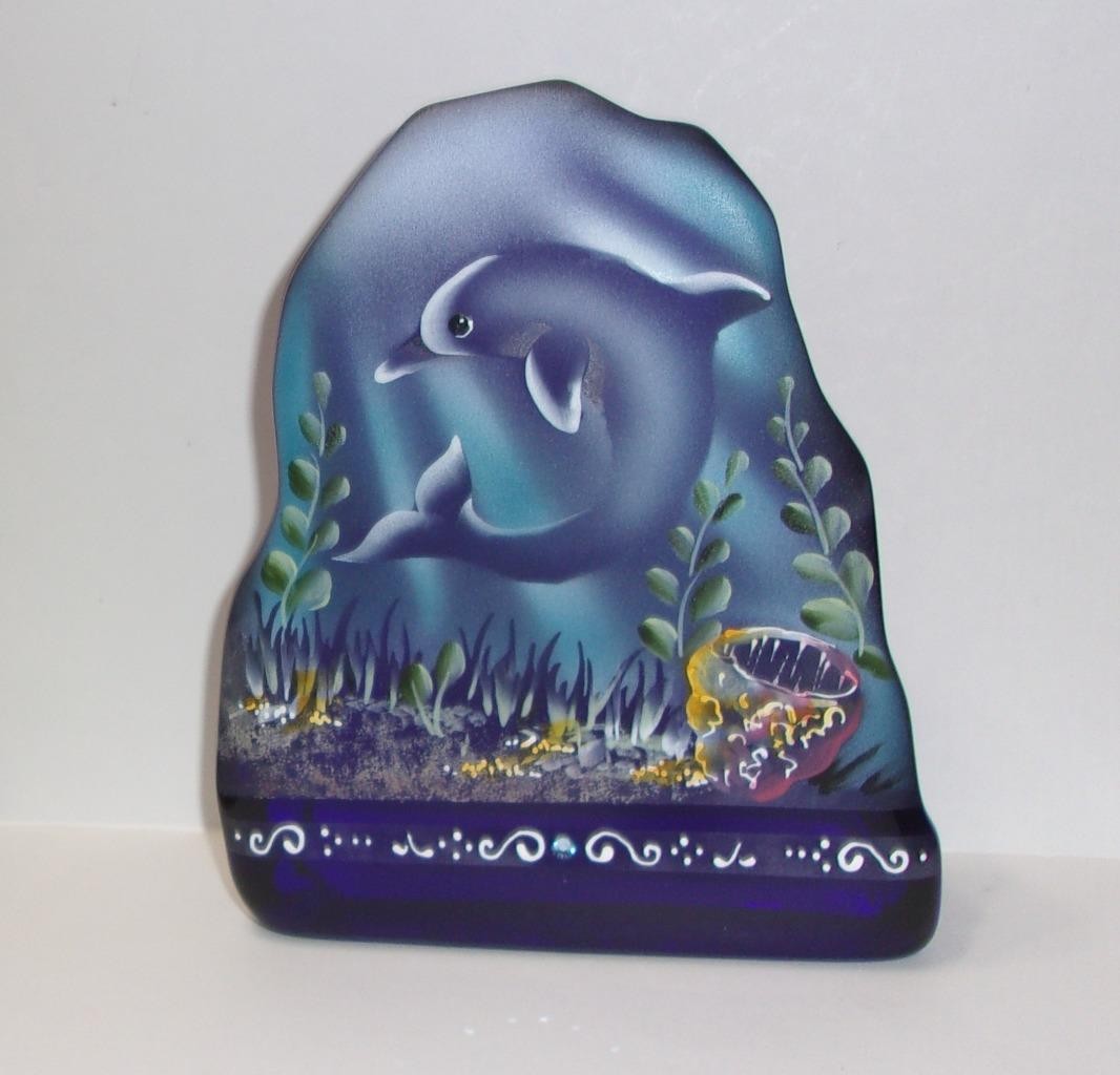 Fenton Glass Cobalt Blue Dolphin Seascape Paperweight Lt Ed JK Spindler #11/13