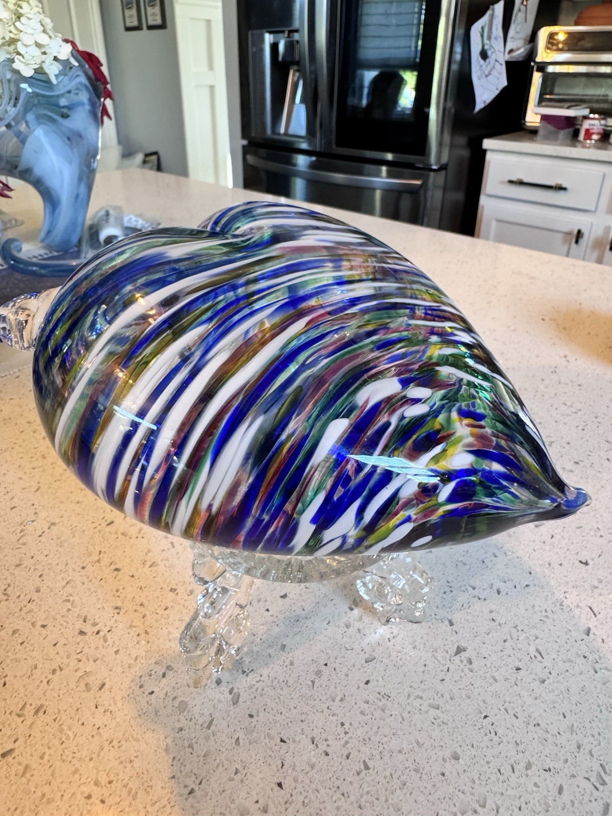 Large Hand Blown Studio Art Glass Heart Blue White Multicolor 7” x 6” 2.5 lbs