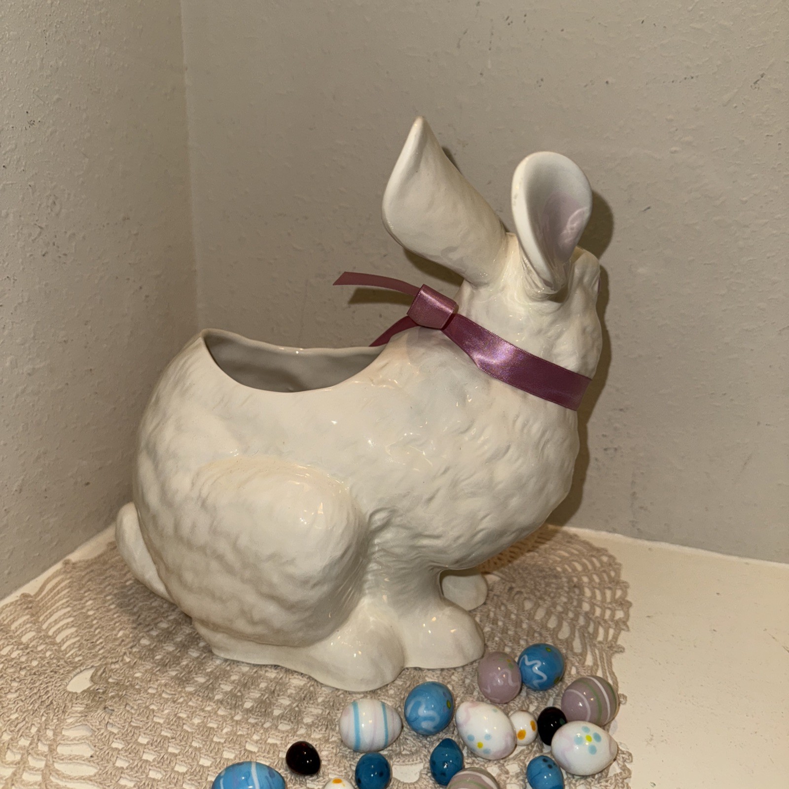 22 Hand Blown Glass Eggs & Large 9.5” Bunny Rabbit Planter Vintage Easter Decor