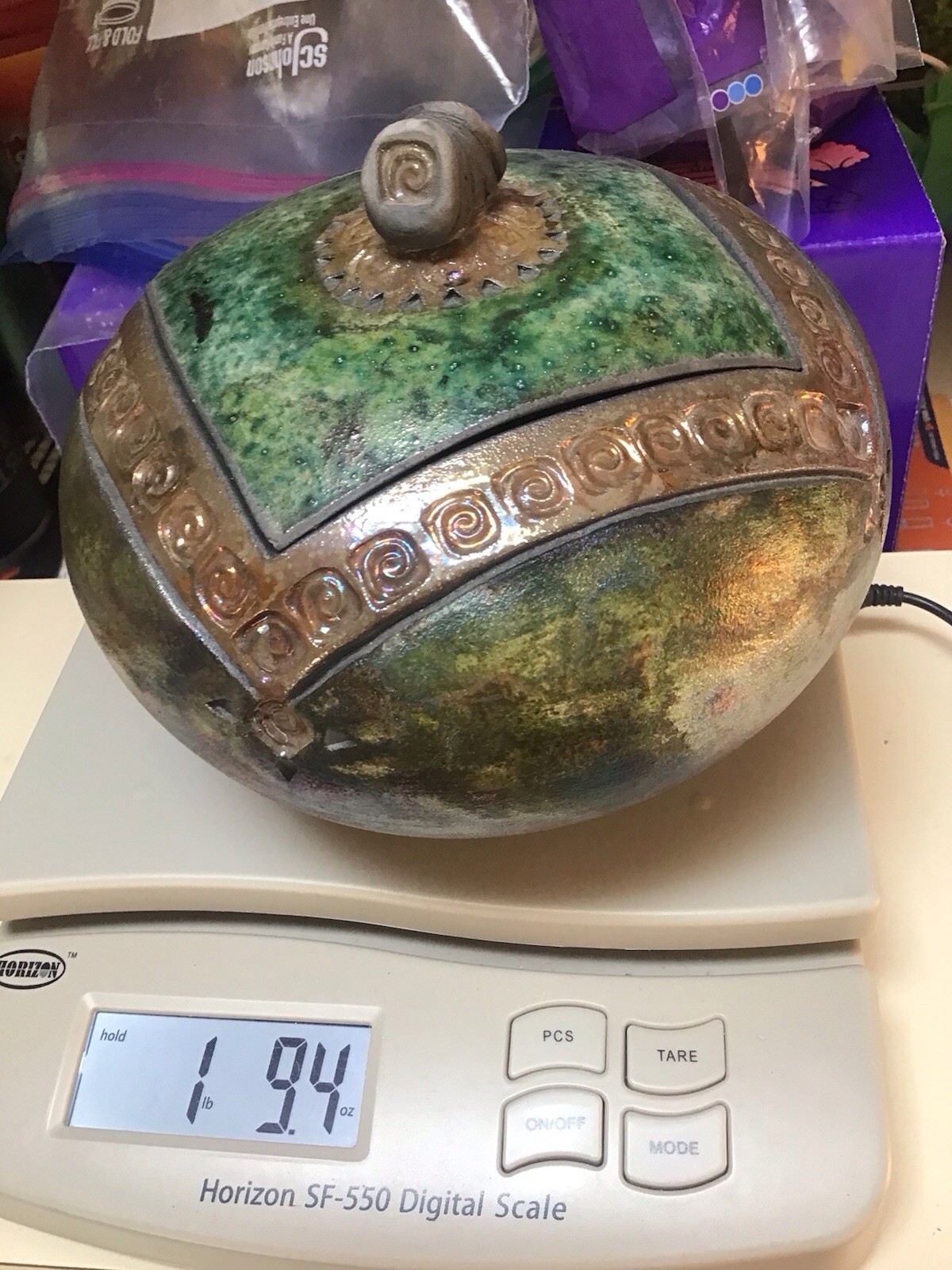 Studio Art Raku Pottery Iridescent Green Lidded Bowl Trinket Box 7” Tyree 2005