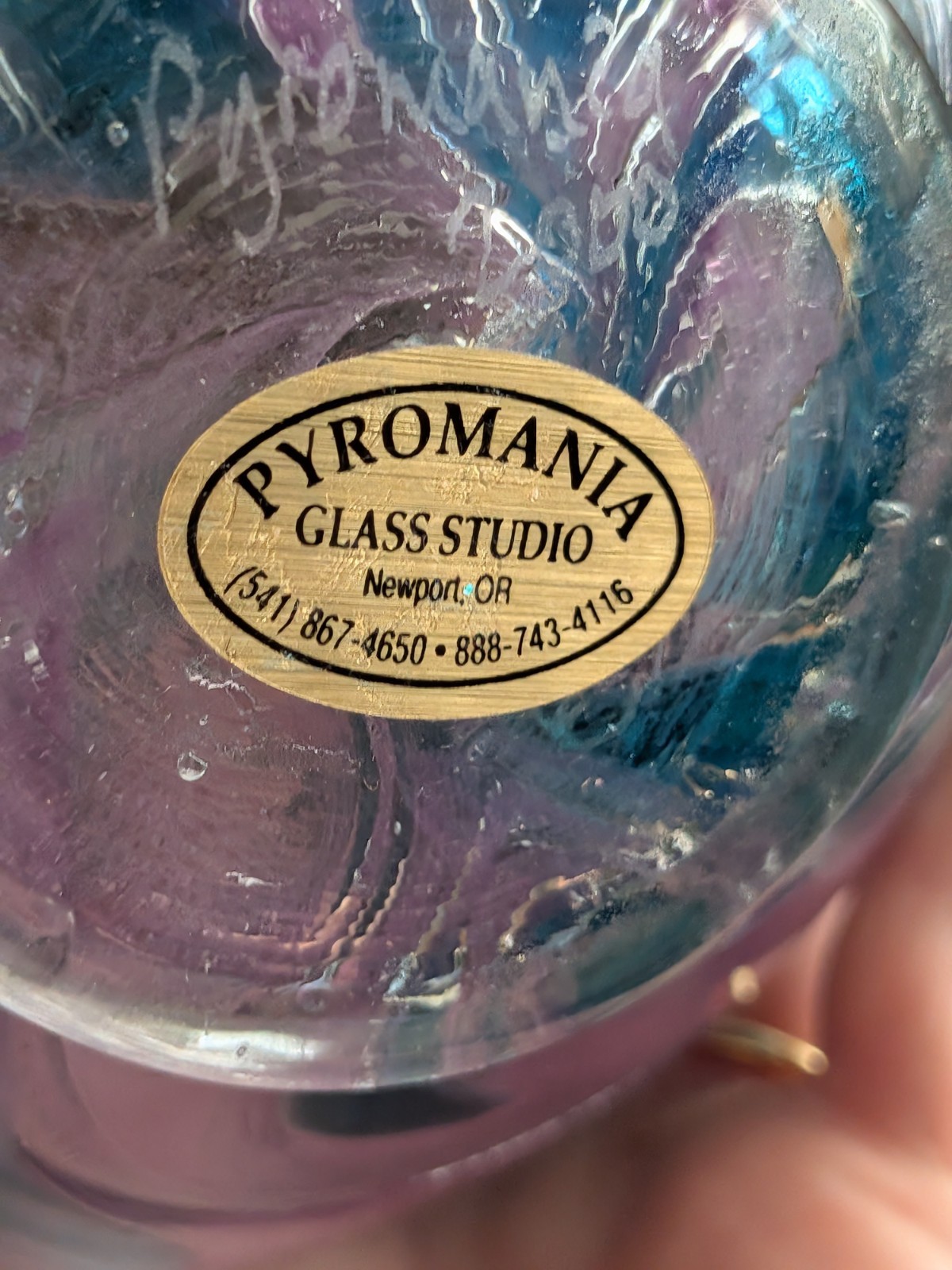 Pyromania Oregon Float Large Purple Art Glass Ball Orb Sphere Blue Swirl Signed