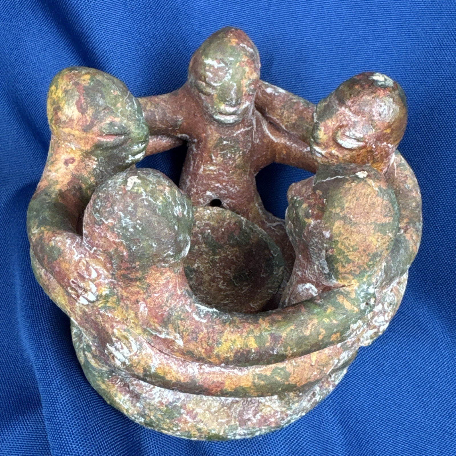 VTG Circle of Friends (5) Candle Incense Holder Aztec Mexican Folk Art Pottery