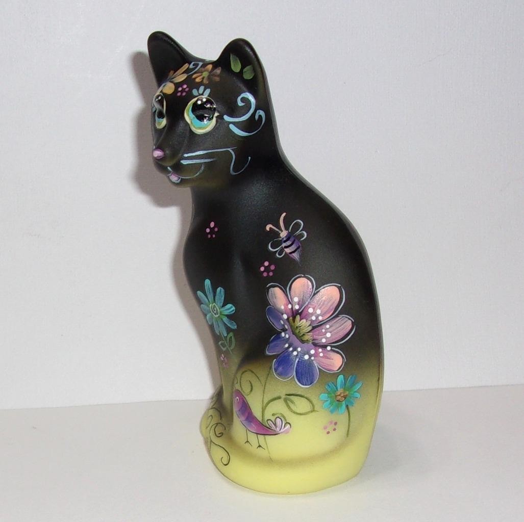 Fenton Glass Dandelion Yellow Luna Stylized Cat Figurine Ltd Ed #24/30 K Barley