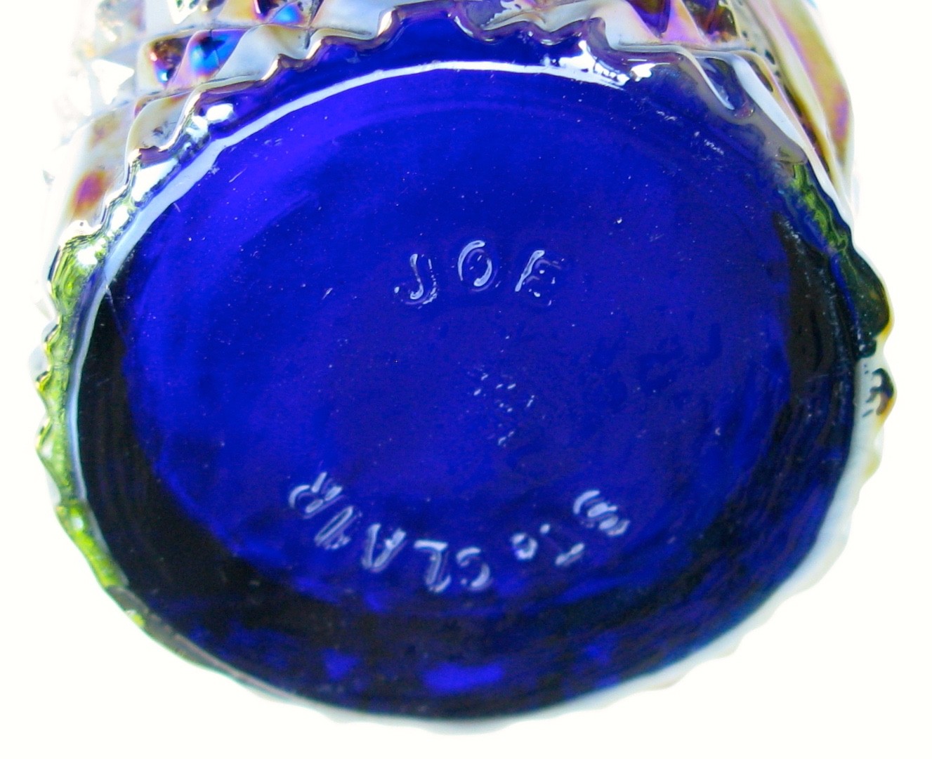 VINTAGE JOE ST CLAIR COBALT BLUE IRIDESCENT CARNIVAL GLASS TOOTHPICK HOLDER