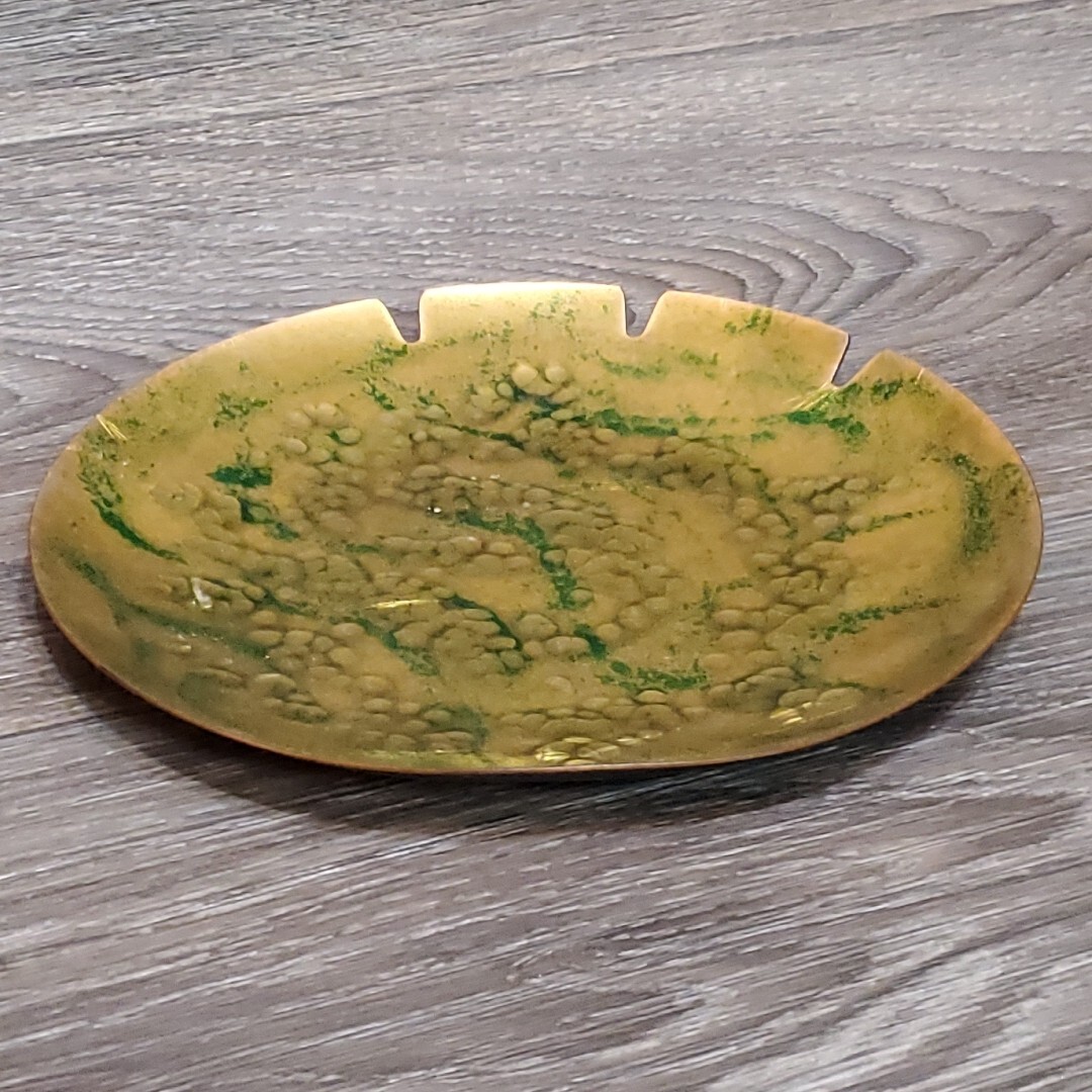 MCM Tabletop Ashtray / Trinket Dish – Gold Green Enamel Flat Metal Round 8″