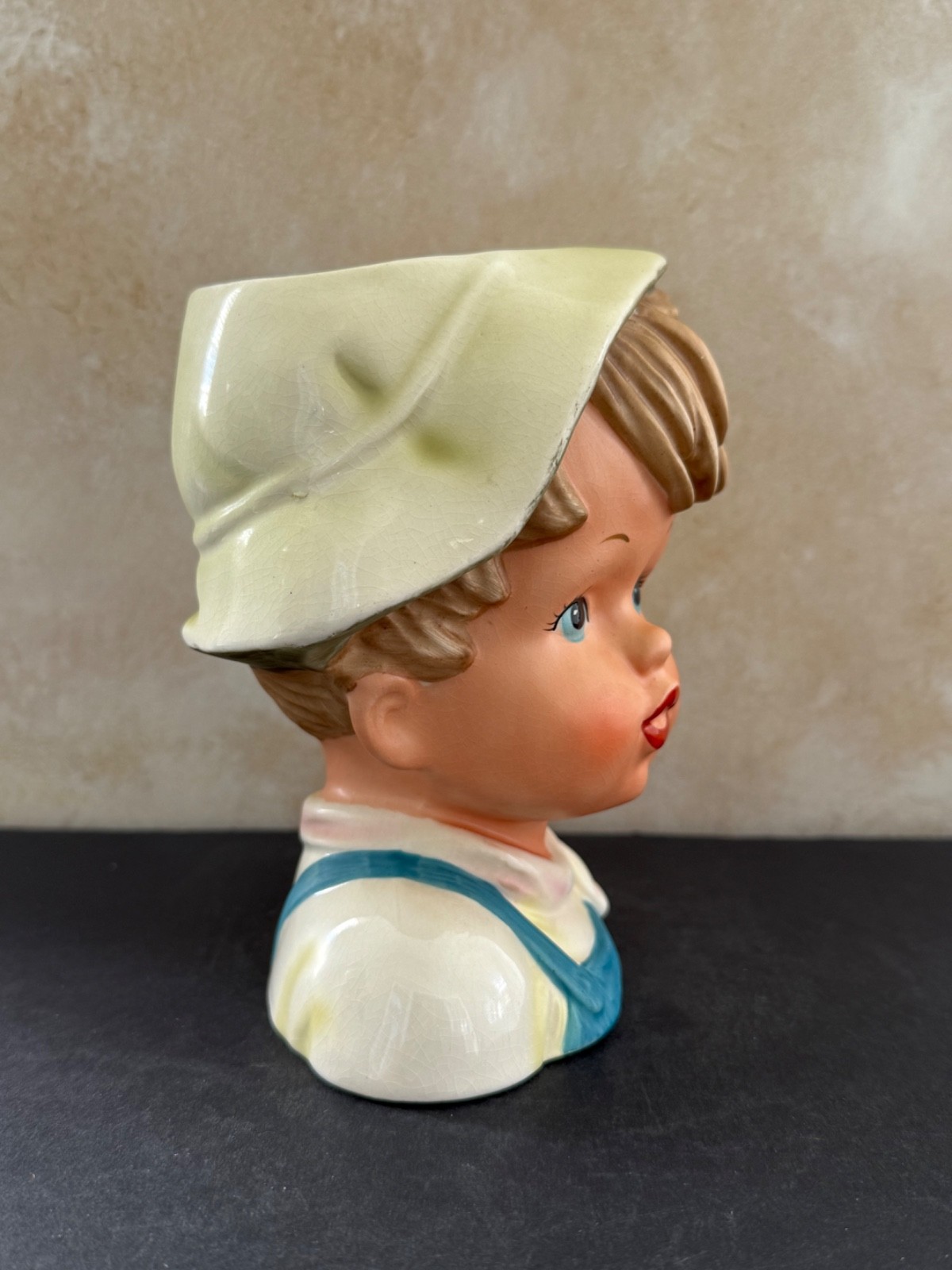 VINTAGE LADY HEAD VASE BRINNS BLONDE YOUNG BOY HAT SCARF 6.5”