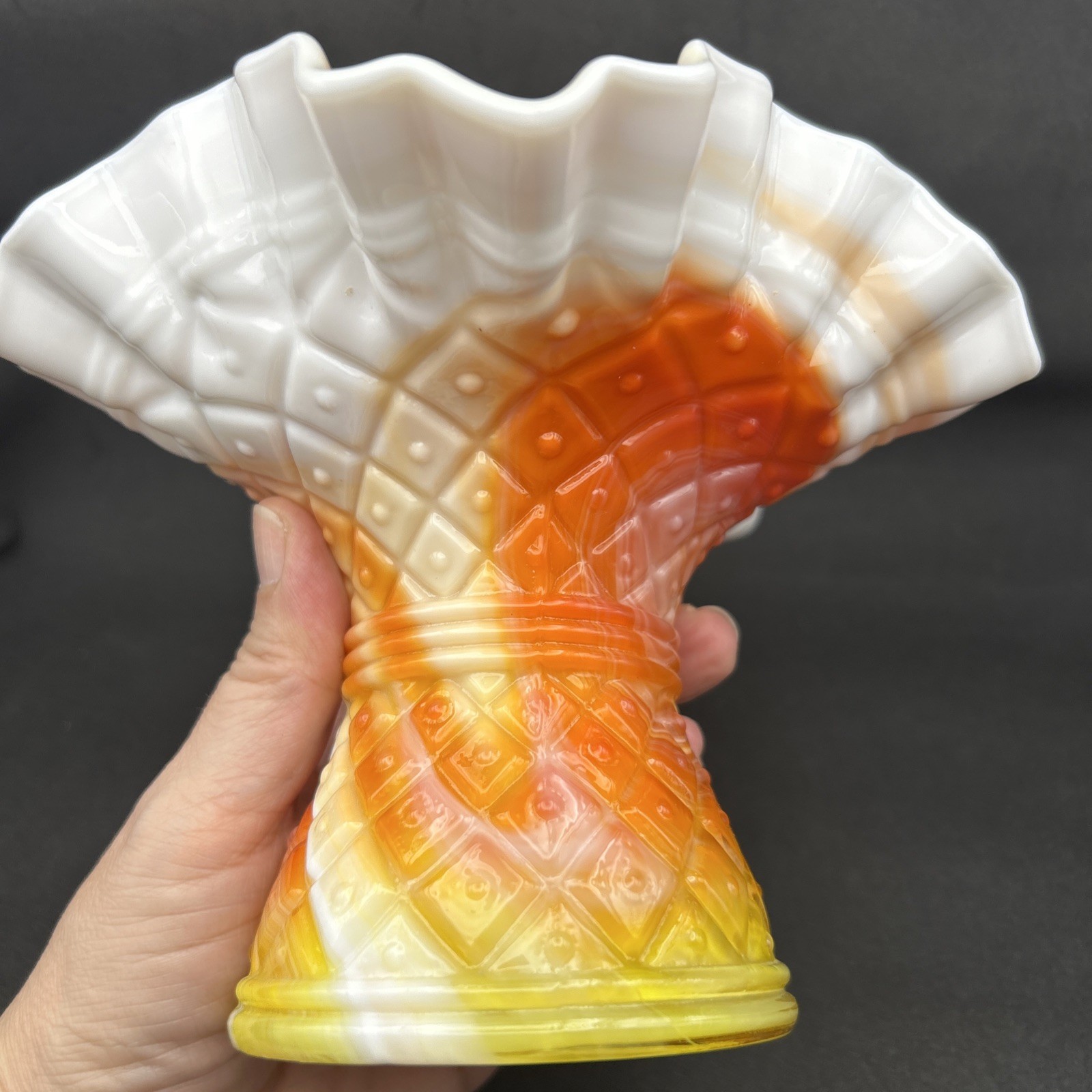 Vintage Kanawha Glass Ruffled Diamond Dot Red Orange White Slag Corset Vase