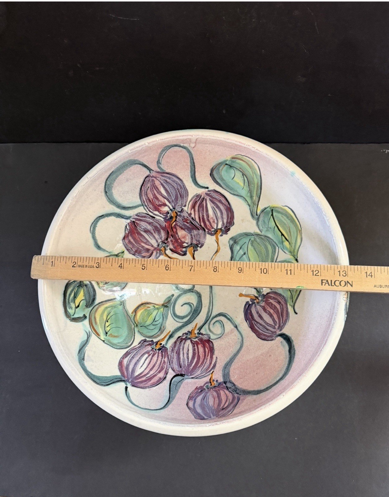 Large 13″ Serving Bowl Hand Painted Pottery Fruit Motif Multicolor – Signed