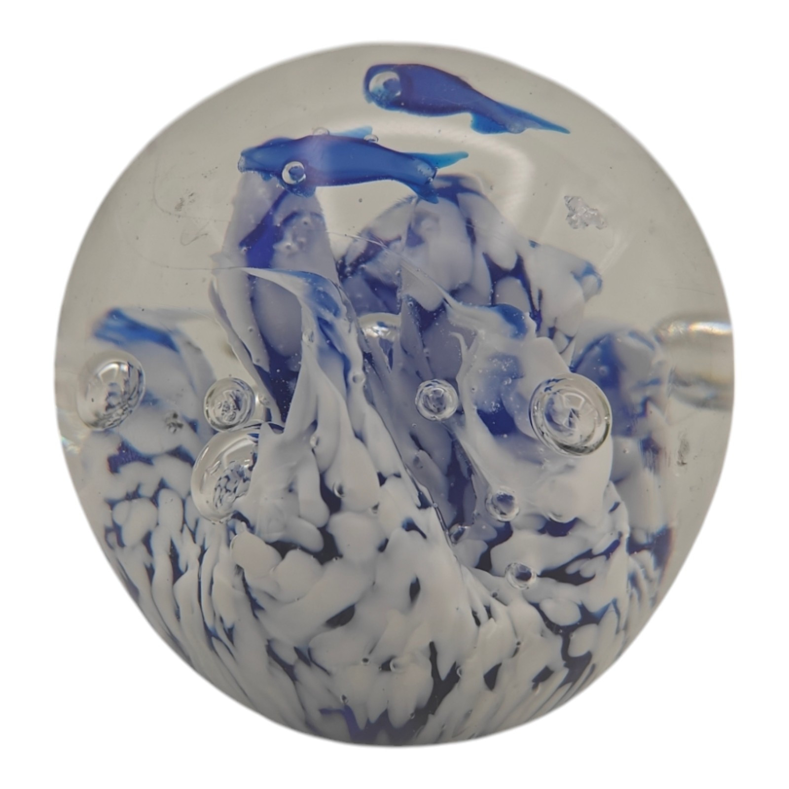 Art Glass Dolphin Ocean Coral Reef Cobalt Blue White Sphere Paperweight #2