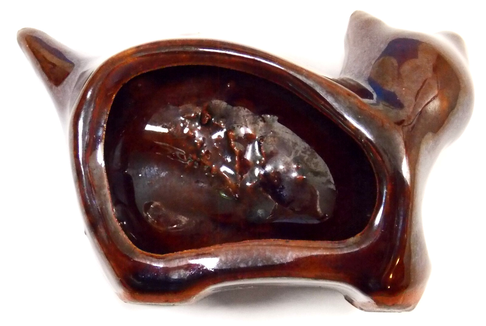 Vtg. Redware Glazed Pottery Small Cat Trinket Tray/Ashtray Lays Flat or Stands