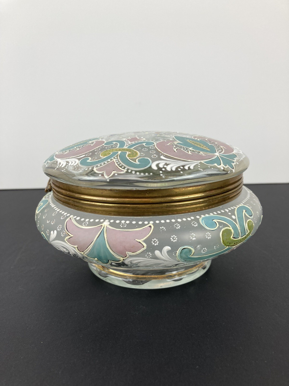 Large Antique Bohemian Enameled Pink/Blue/Light Green Trinket /Dresser Jar NICE