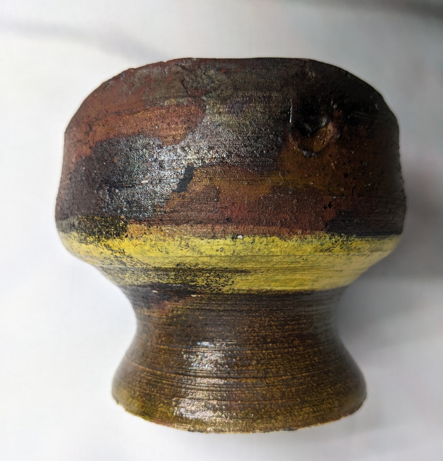 Rustic Glazed Pottery Vase, Brown Yellow Copper, Signed