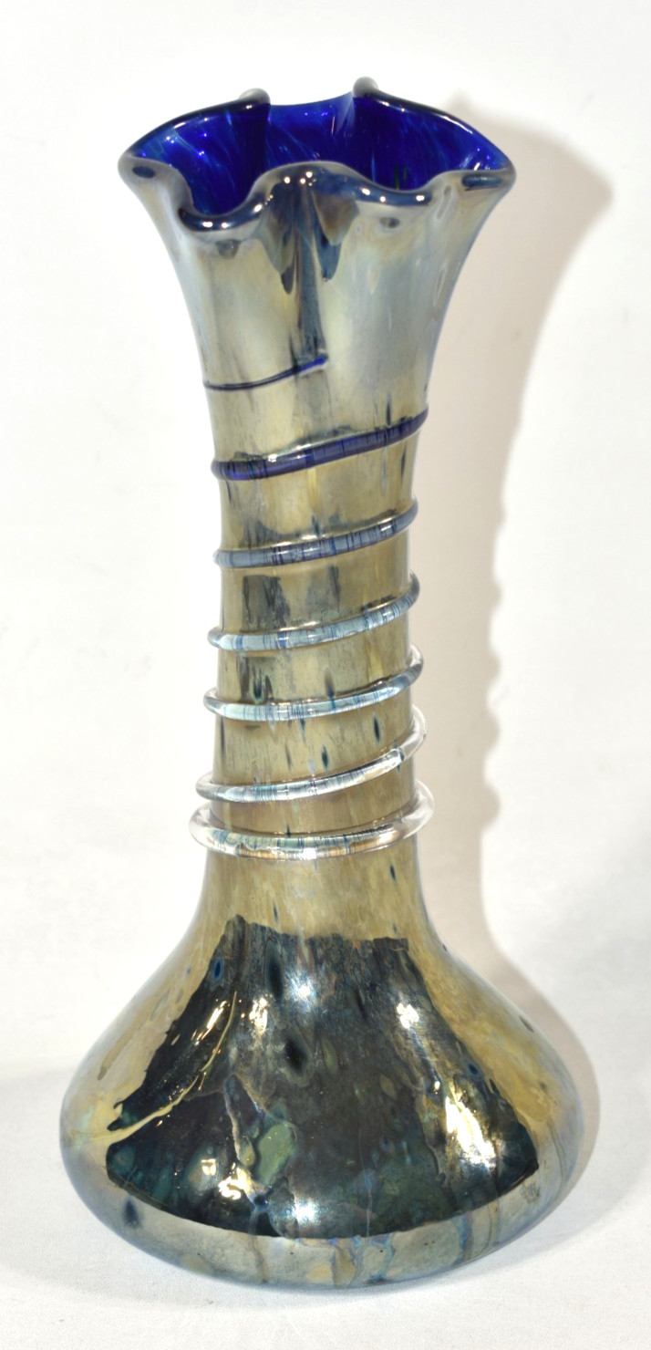 Studio Art Glass Vase Artist Signed 2006 Swirl Twist Neck Metallic Silver Blue