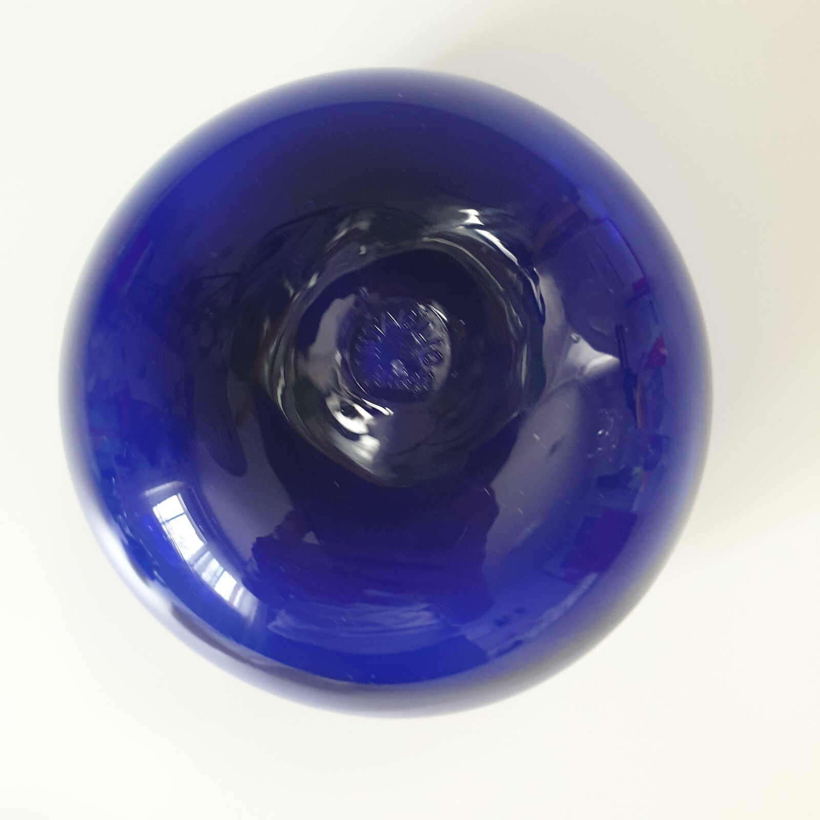 Anton Intaglio Cobalt Blue Glass Oil Lamp Vase Round Blown Glass Signed 4″ MCM