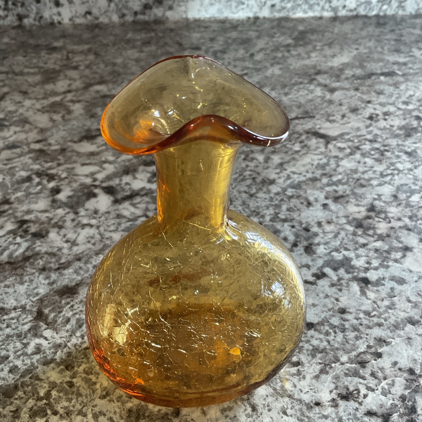Hand Blown Amber Crackle Glass Vase Fluted Opening