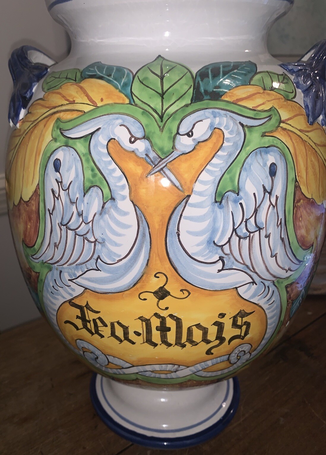 VTG Italy Double Birds Majolica Pottery Jar Vase 15.75”T 9.25”Diam Handpainted