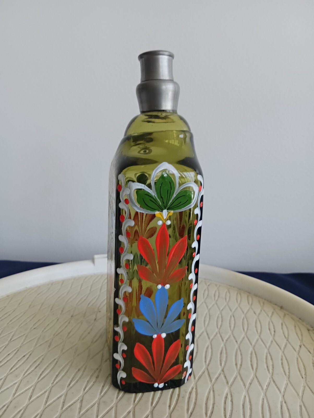 Vintage Blown Green Glass Reproduction Hand Painted Enamel Bottle w/ Pewter Top