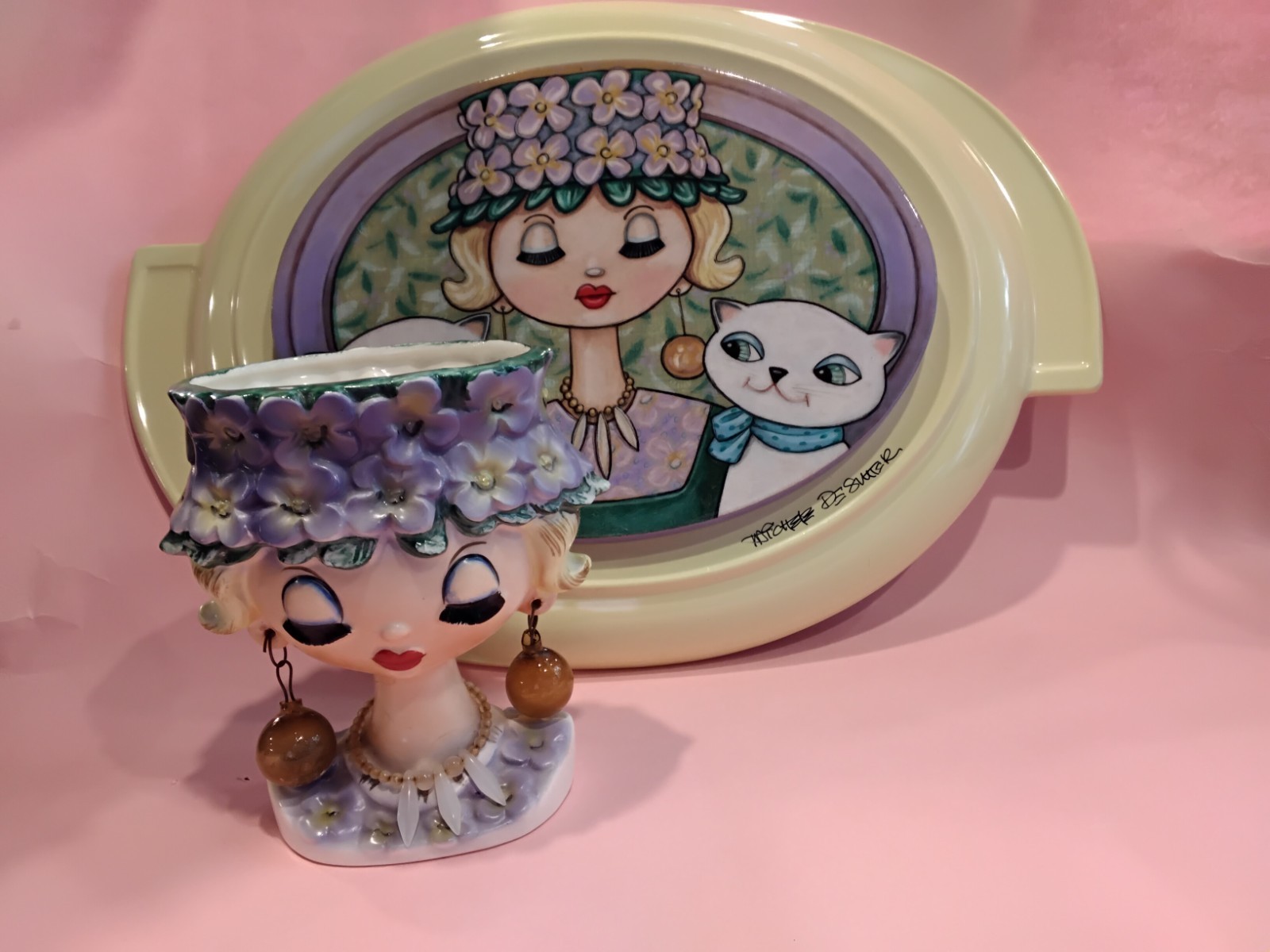 Lipper and Mann Lady Head Vase/Original Art Piece Set RARE!