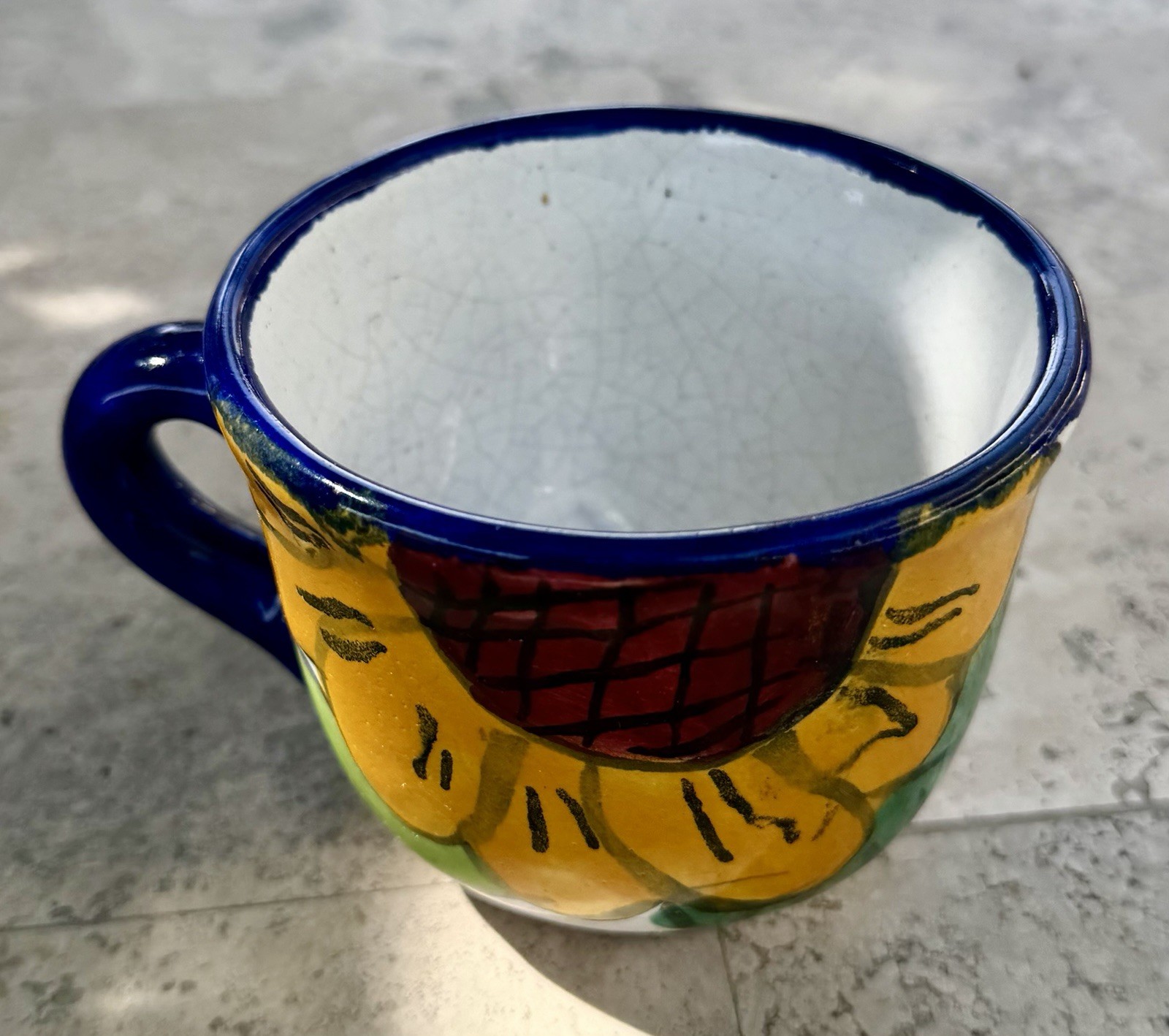 “Hand Painted Sunflower Ceramic Set Plate Mug Vase Folk Art Cobalt Blue Floral”