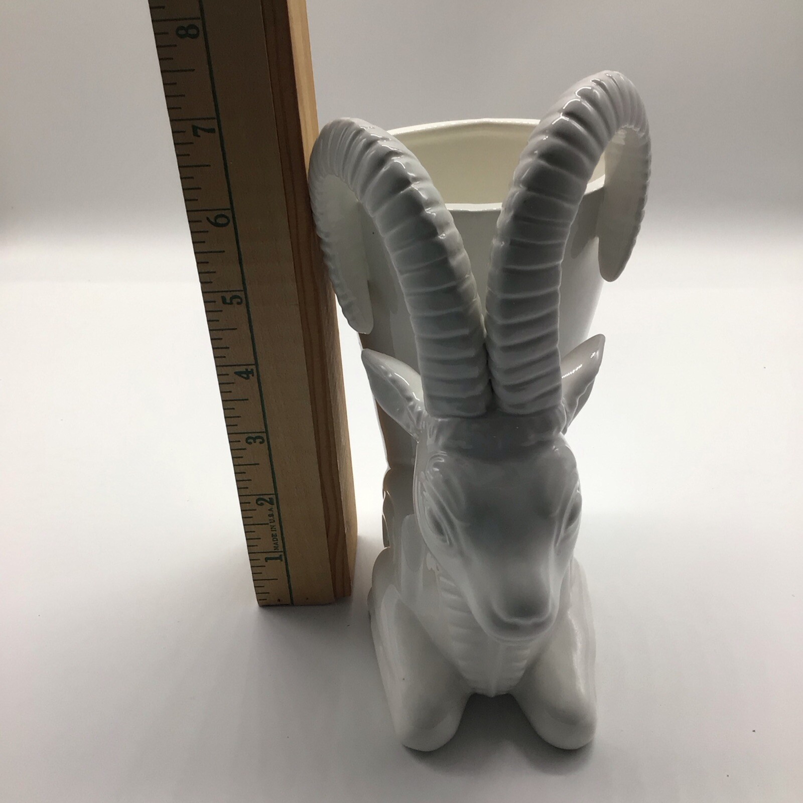 Abigails White Ceramic Ram’s Head Cornucopia Vase Or Planter Art Deco Style