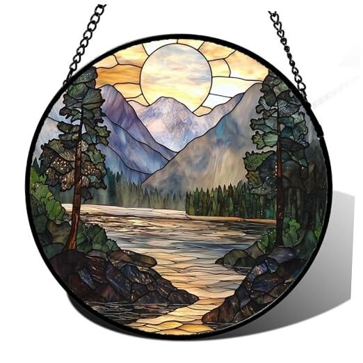 Stained Glass Window Hanging, Sunset Mountains Lake 6.3×6.3 IN 1-yellow Green