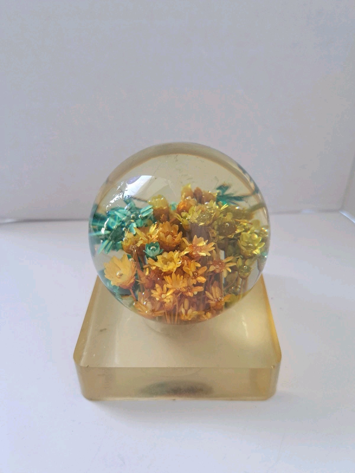 1969 New Designs Inc USA Mod Dried Flower Lucite Round Paperweight On Base
