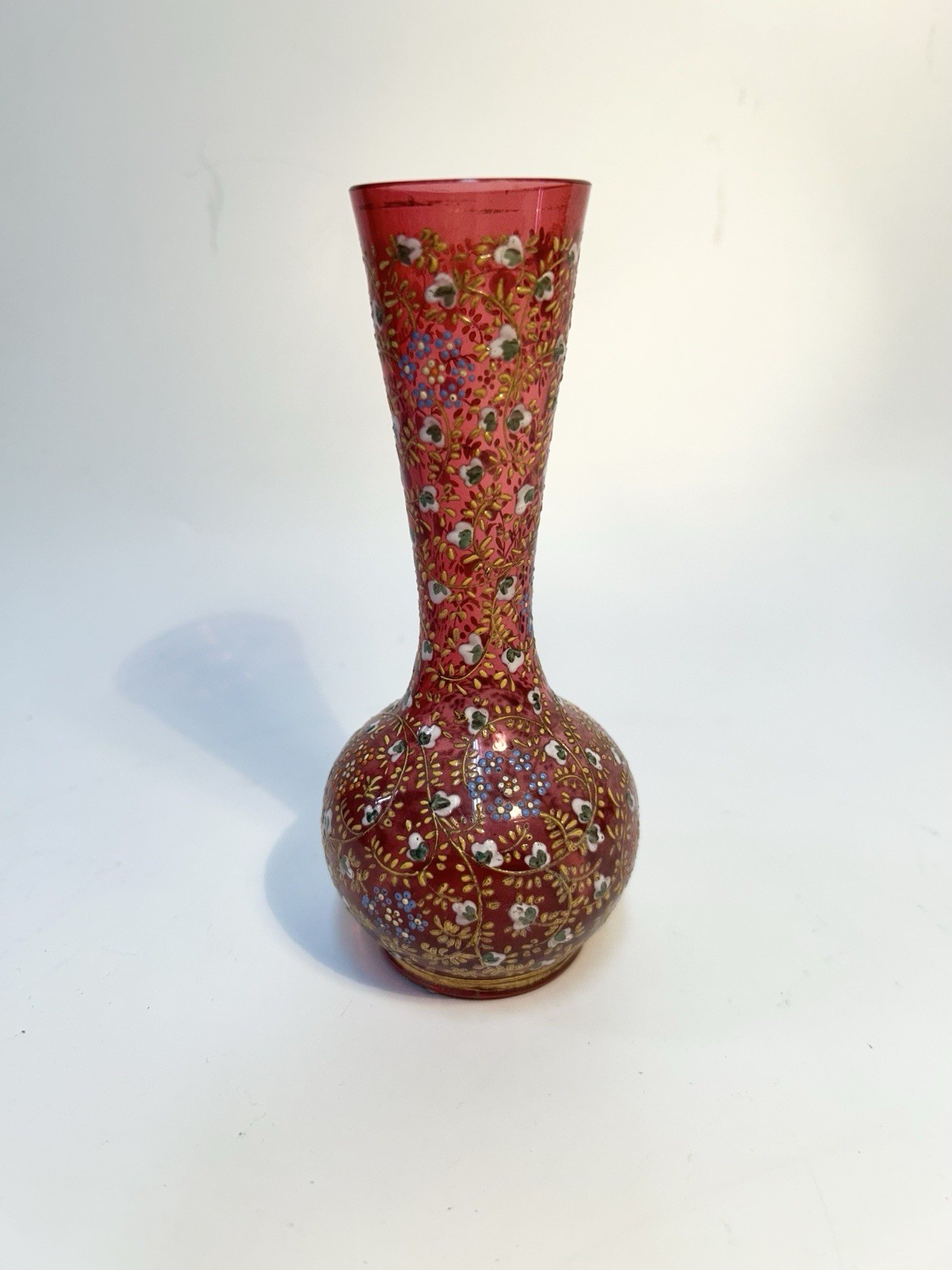Antique Bohemian Cranberry Glass Vase Gilt Enamel Floral Moser Style c1880