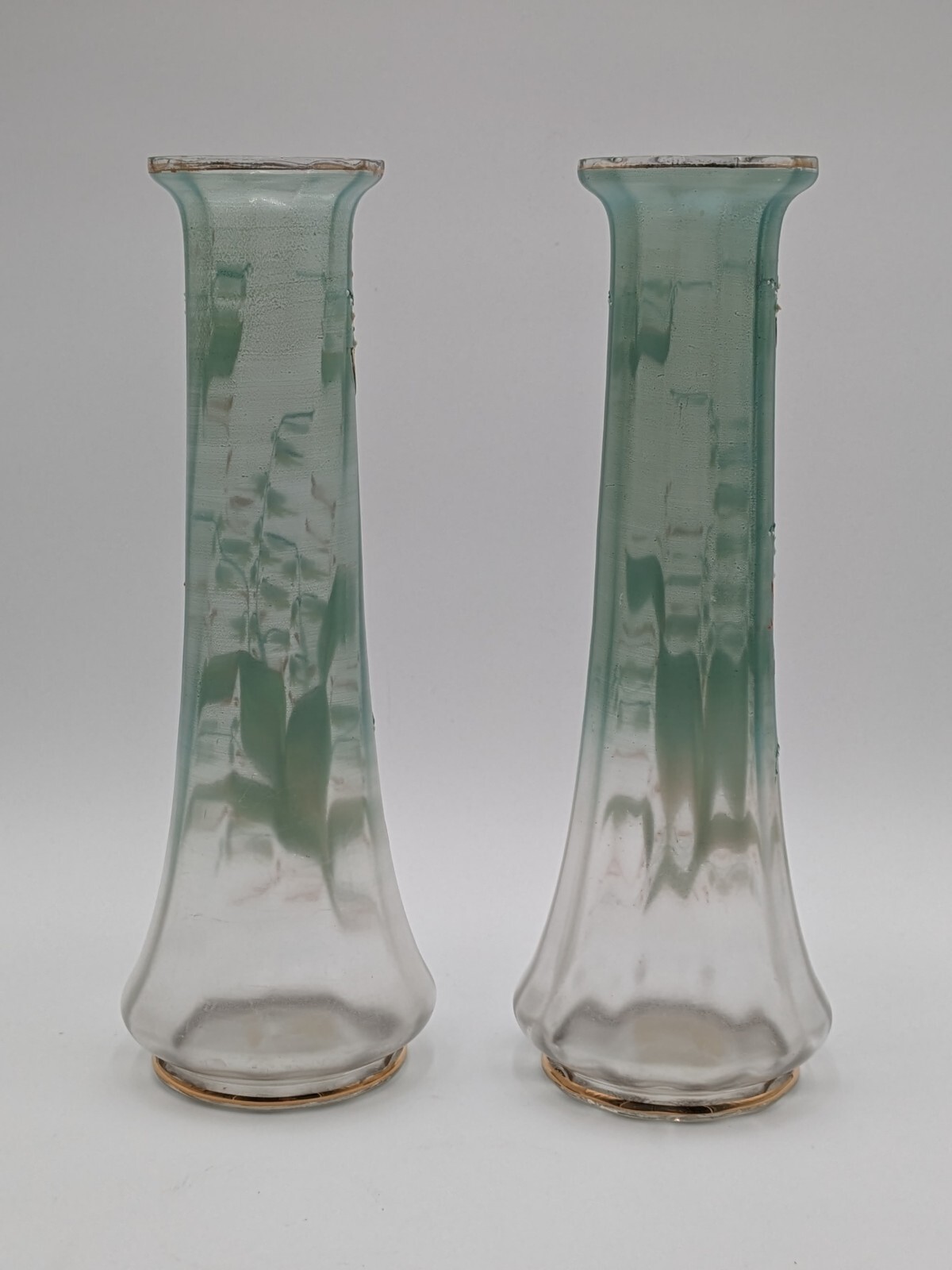 (2) Bohemia Satin Glass Enameled Hand Painted Lily of the Valley Vases 14″