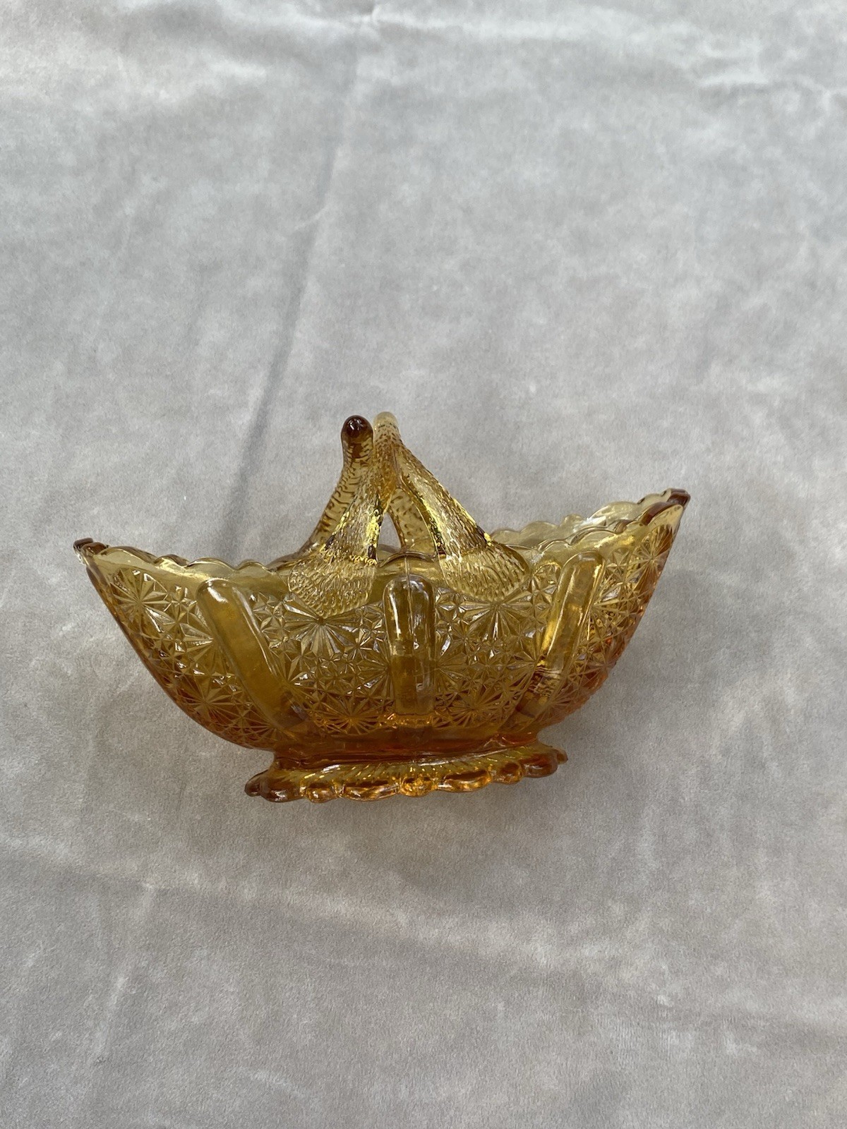 Vintage Fenton Glass Honey Amber Daisy Button Basket with Split Twig Handle