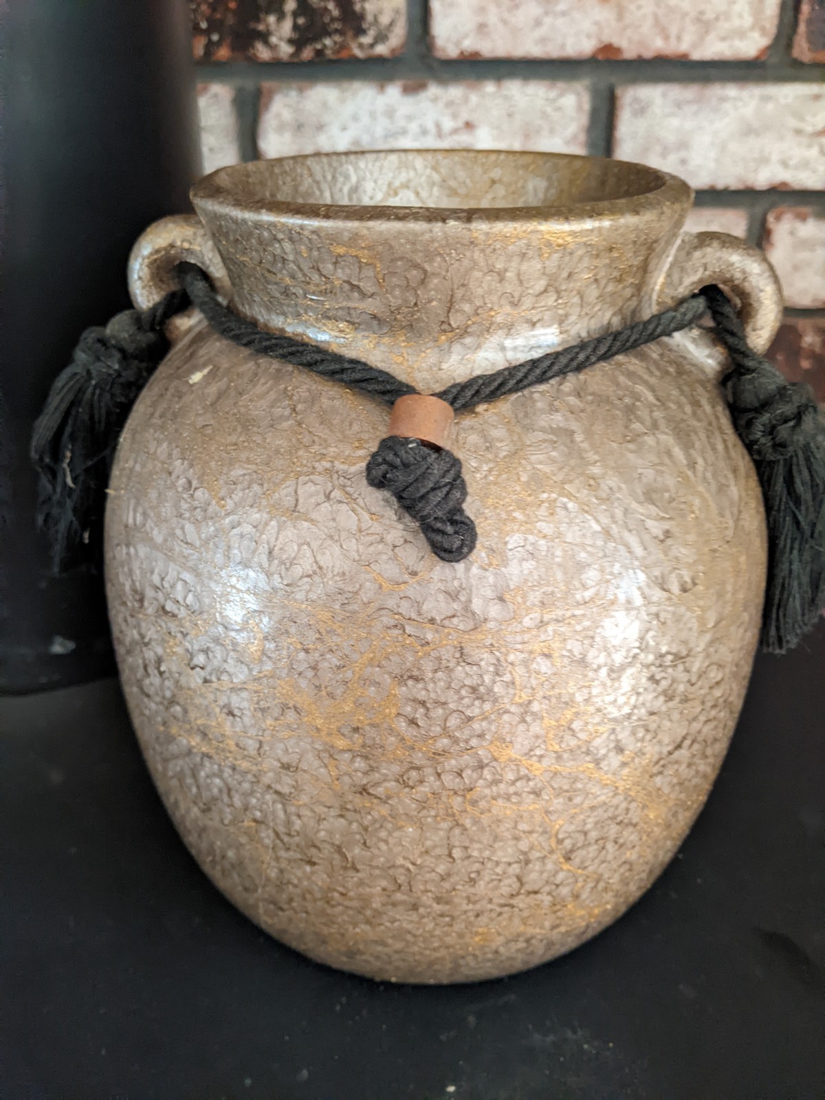 Tony Evans Raku Pottery Etruscan Vase Handles Textured Browns/Gold 8″Signed