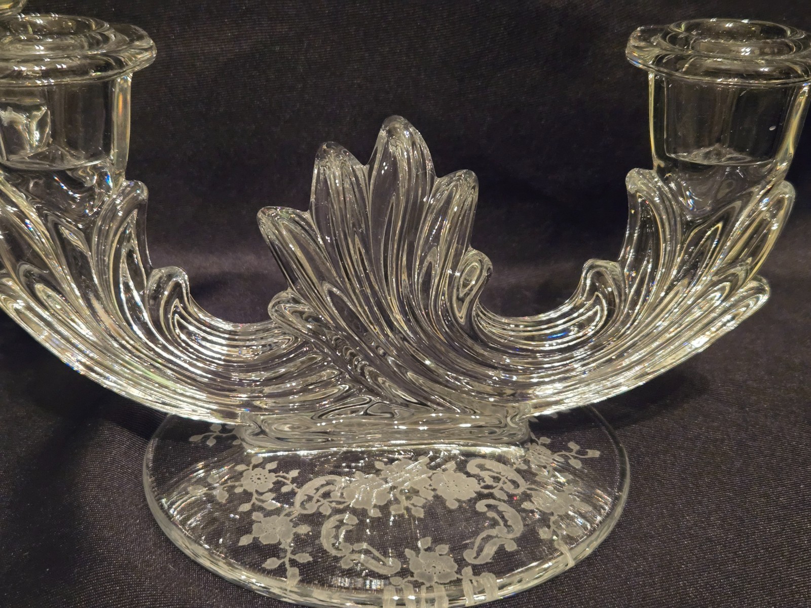 Pair of Fostoria MEADOW ROSE Baroque shape Double Candlestick Holders – Mint