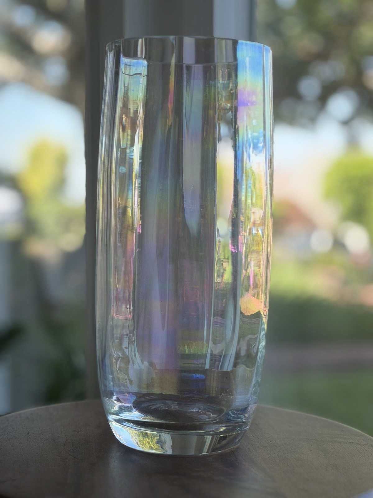 Heavy Iridescent Art Glass Vase Rainbow Luster Optic Ribbed 10.5” Modern MCM