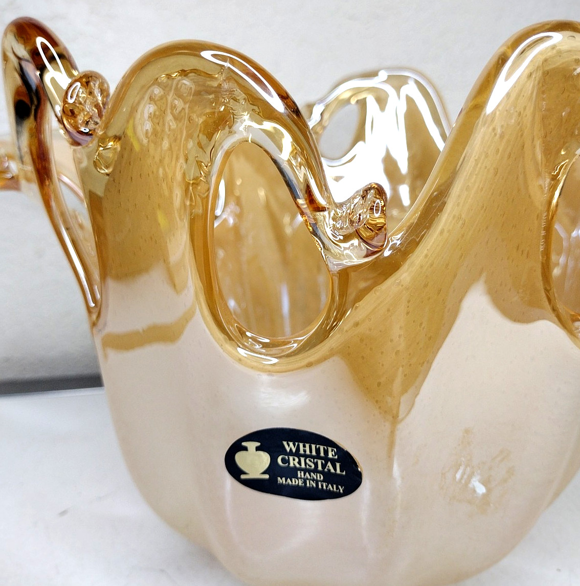 White Cristal Murano Style Blown Glass Art 14″ Hand Made in Italy Honey Gold