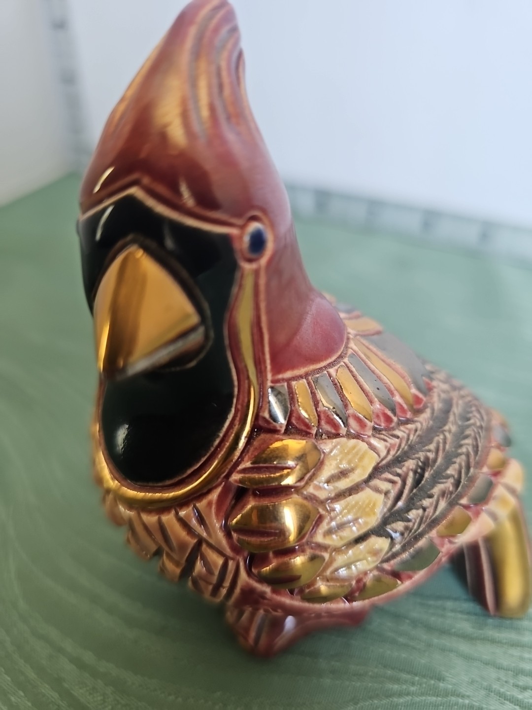 De Rosa Rinconada Ceramic Cardinal Bird Figurine Red Gold Black Handmade Uruguay