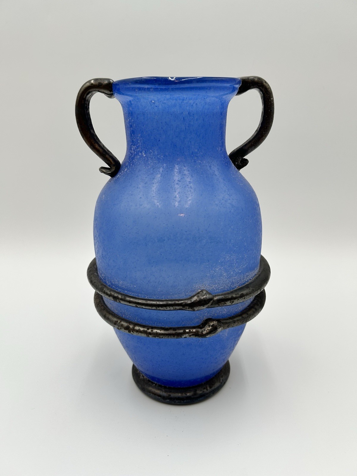 Royal Blue “Design Guild” Romania Handblown Amphora Scavo Art Glass Applied Vase