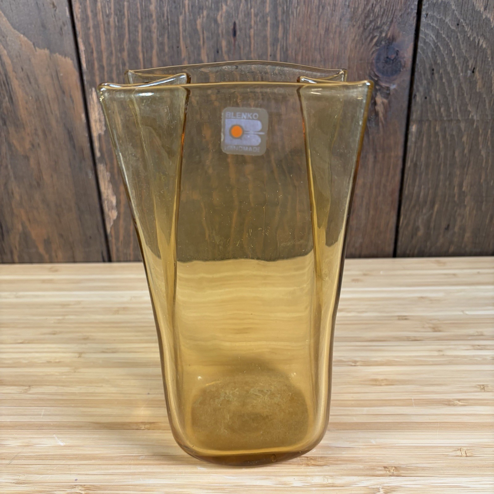 Blenko Glass 8813 Amber Paper Bag Vase With Label USA Approx 8 1/4”H