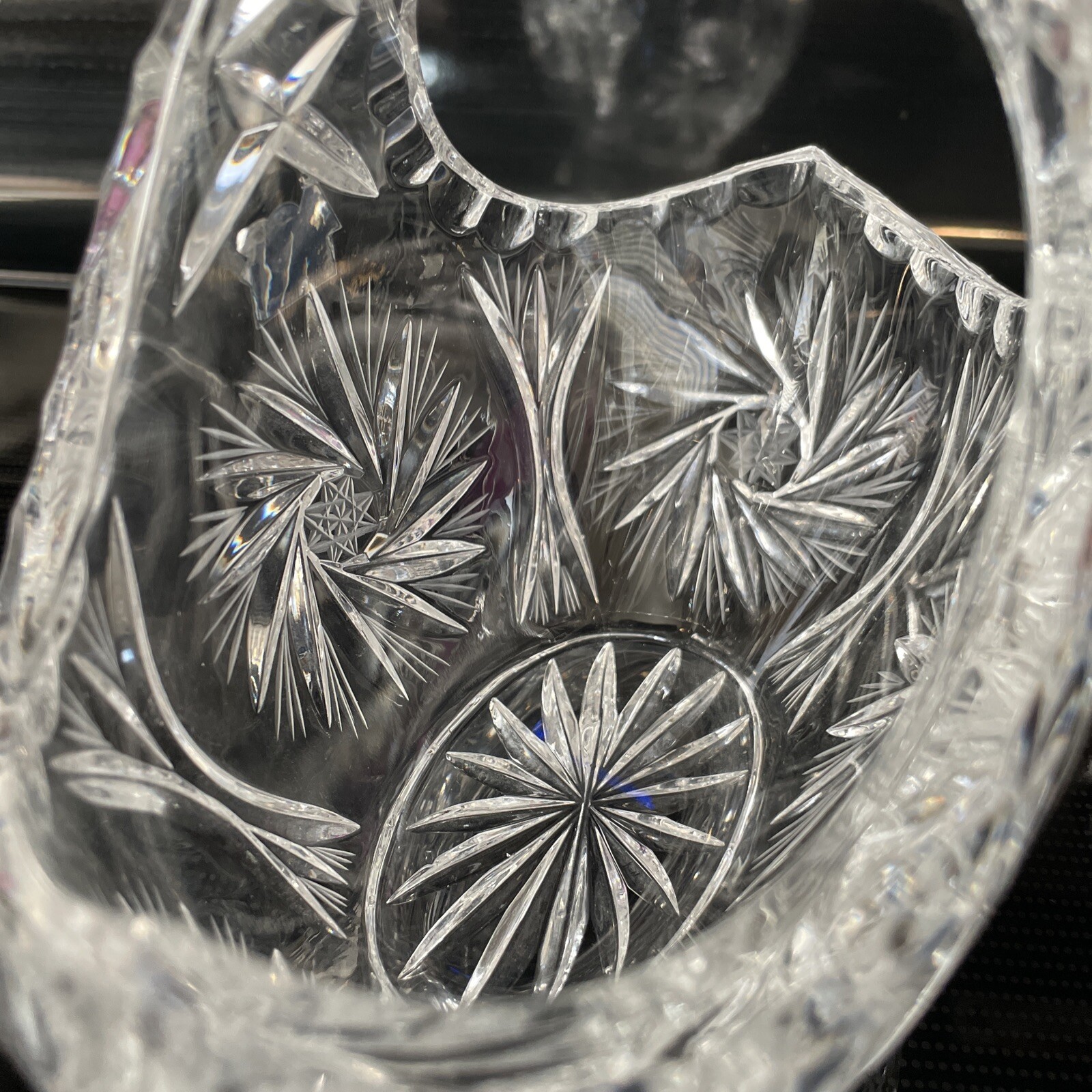 Crystal Candy Dish ACC Deep Cut Handled Bridal Basket Fan Star Cuts LG 6” X 4”