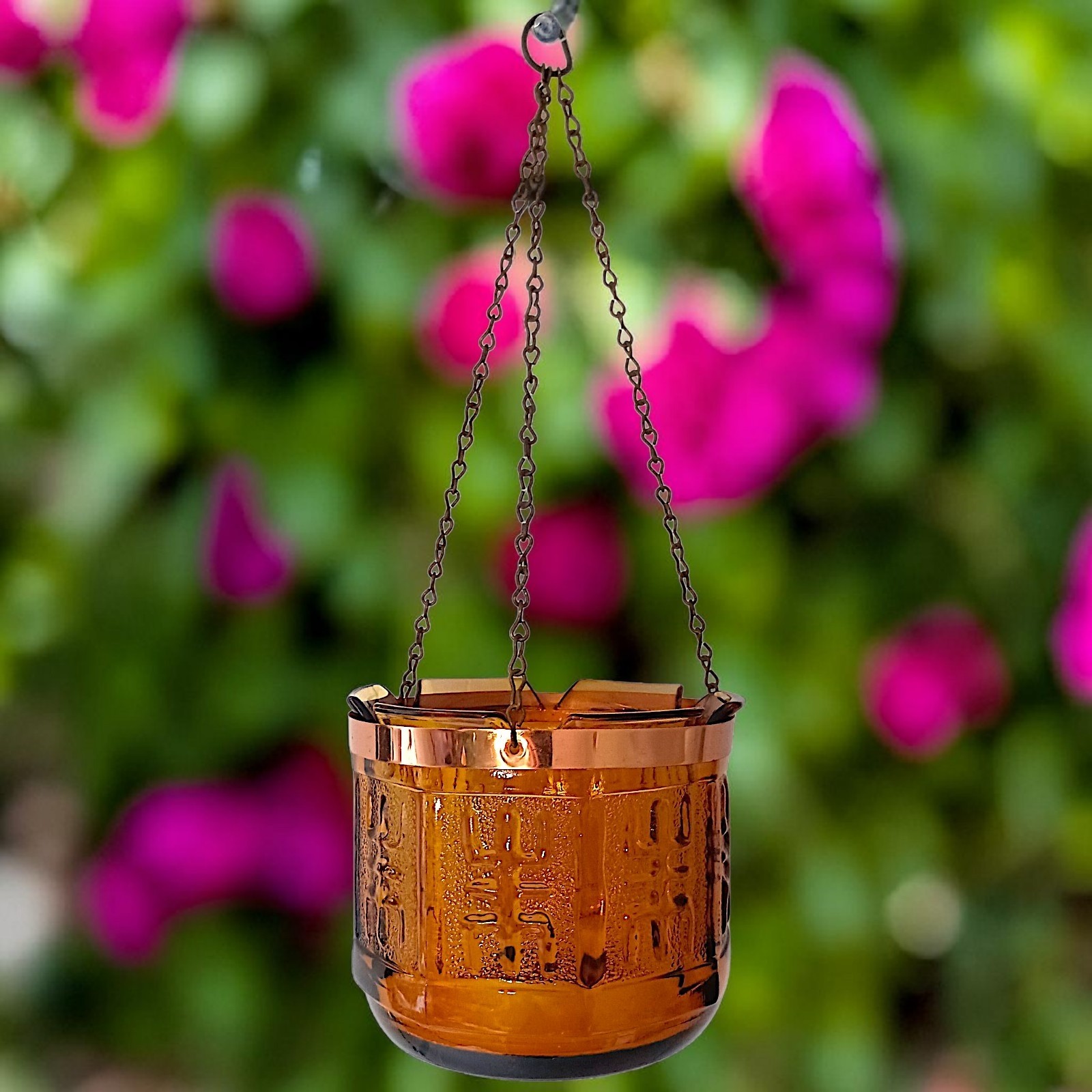 Vintage Amber Glass Hanging Planter Pot Chain Princess House MCM Candle Holder