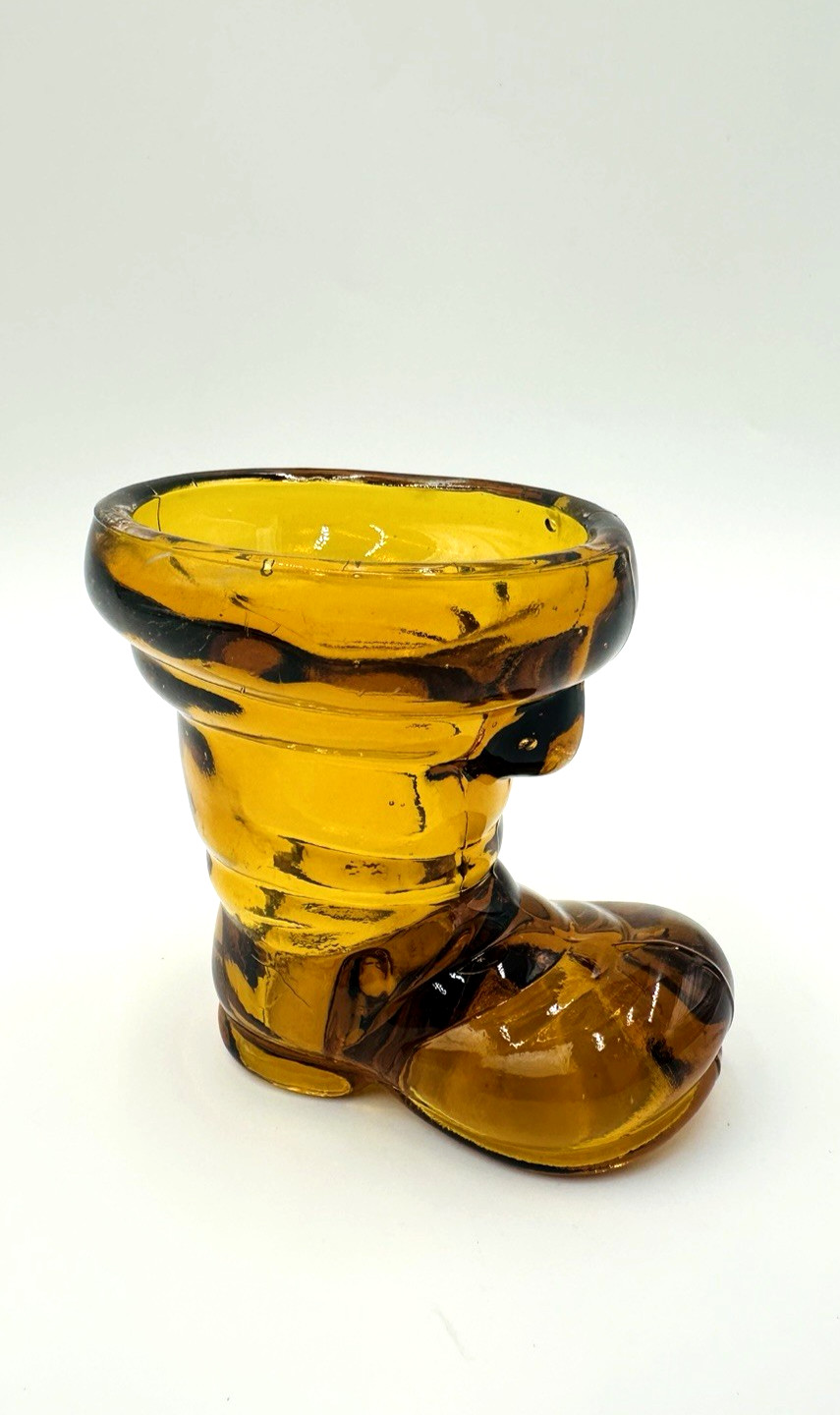 Vintage Amber Glass Boot Figurine Vase 3.75″
