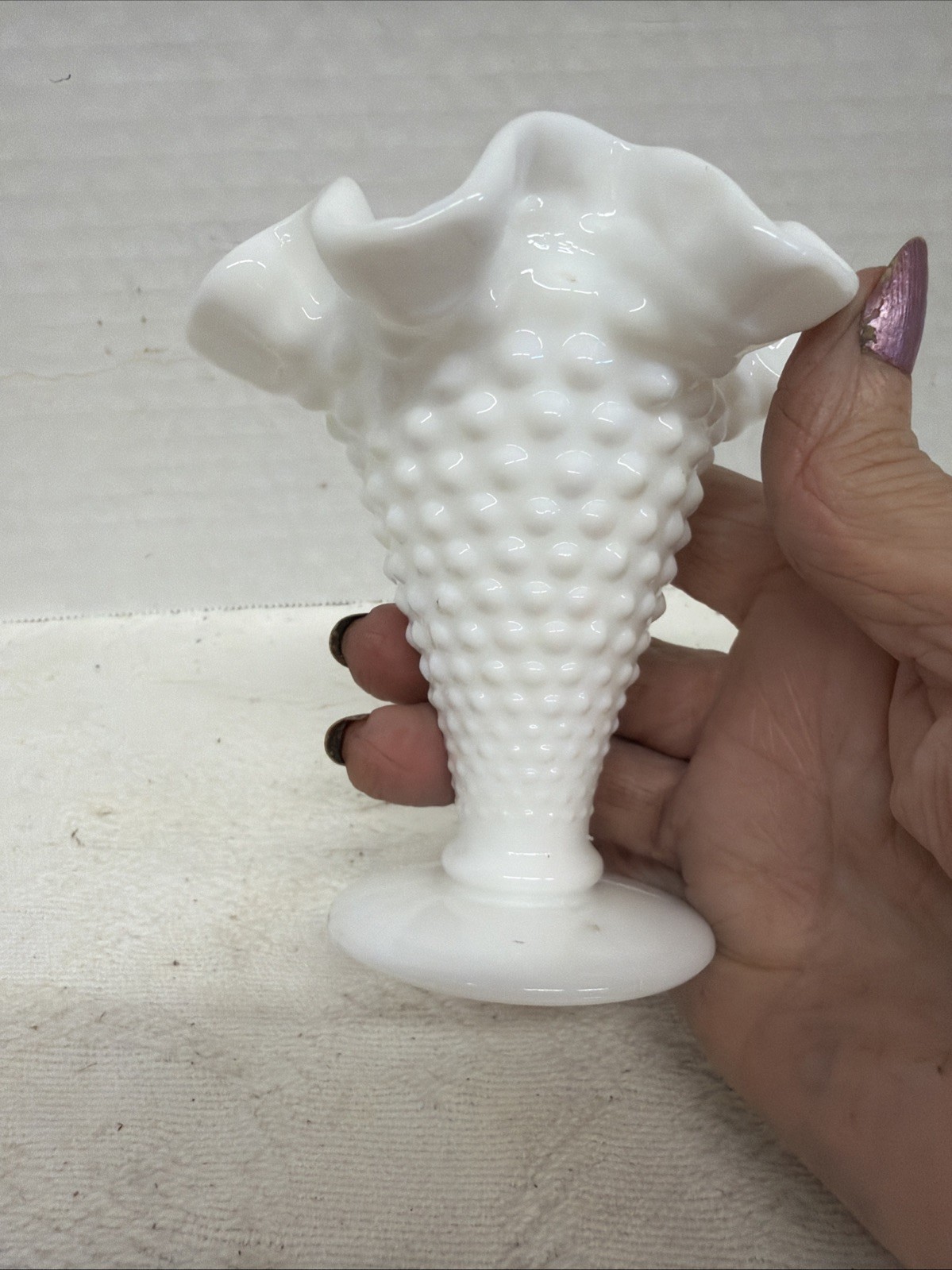 Fenton White Milk Glass Hobnail 4″ Trumpet Vase Ruffled Edge