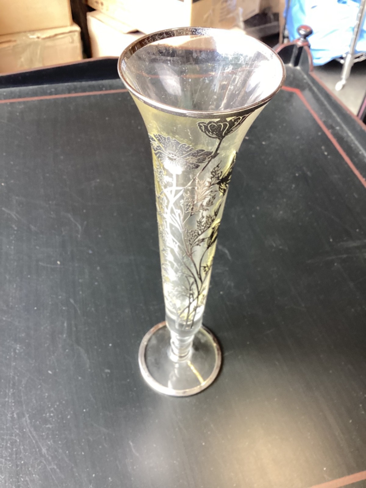 10″ Clear Glass Vase Silver Overlay Bud Vase Good Condition