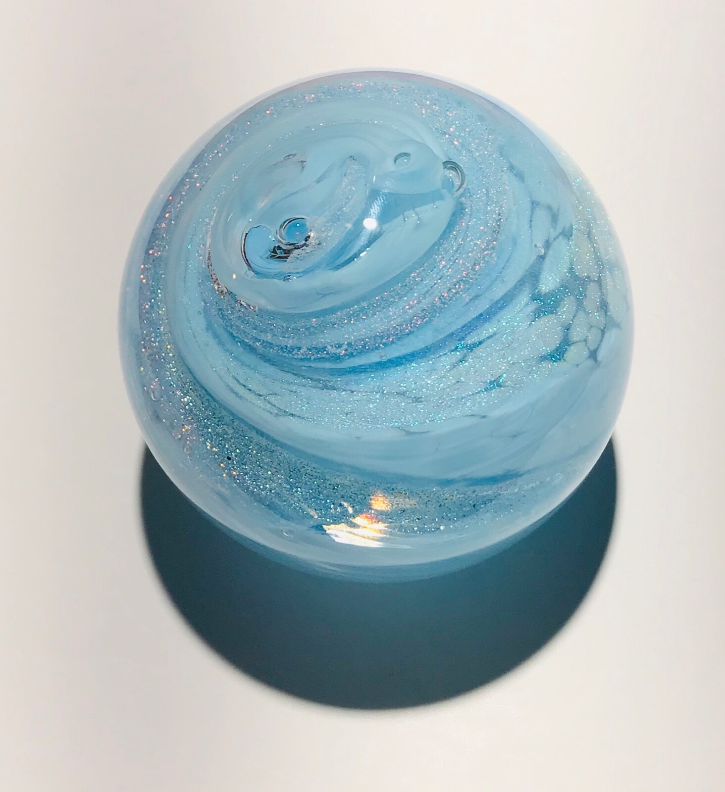 Handmade Dichroic Glass Paperweight by Janet Wolery – BLUE CLOUD SWIRL – 3 1/4”