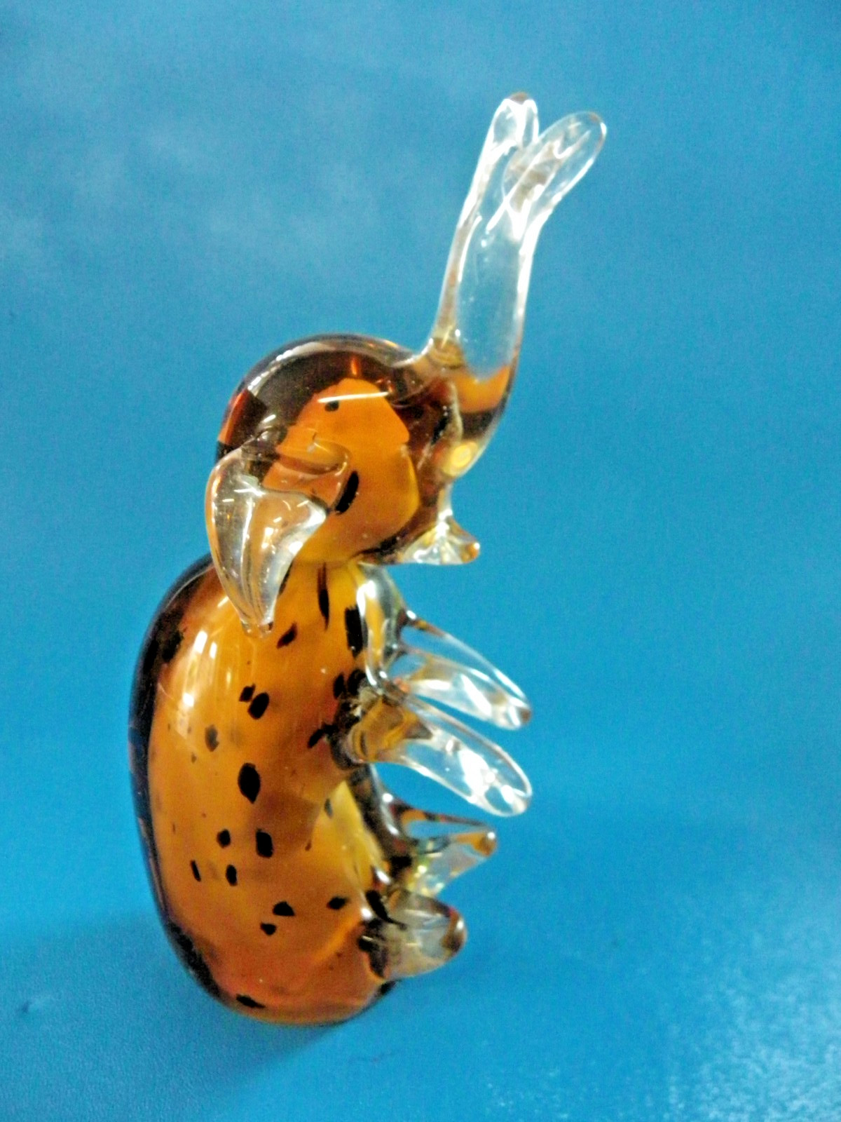Glass Art Hand Blown Sitting Elephant Figurine Orange/Black Speckled 8″ Tall