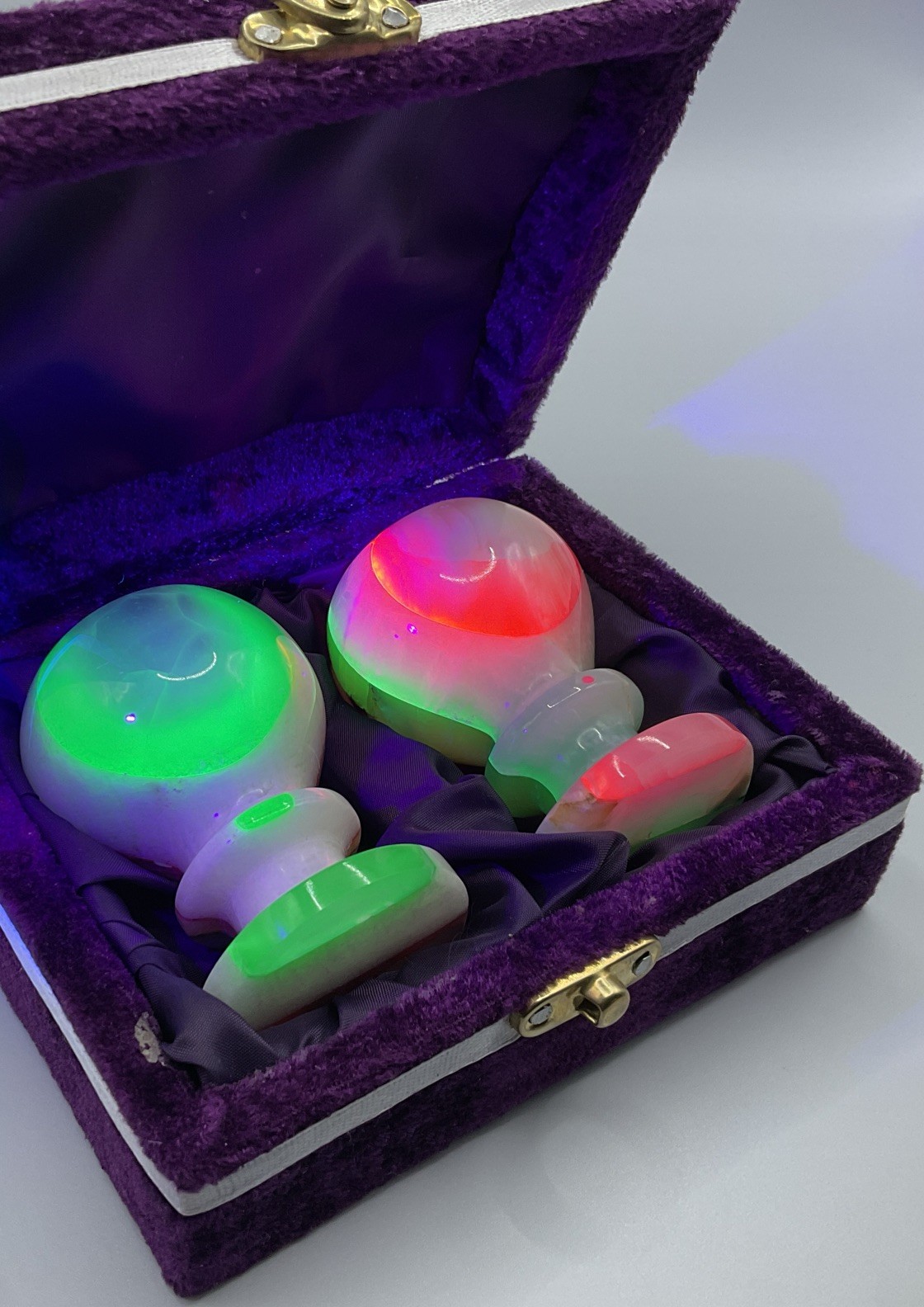 Pair MINI Opaline Art GLASS GOBLETS UV Reactive Uranium Cadmium Glow Boxed 3”