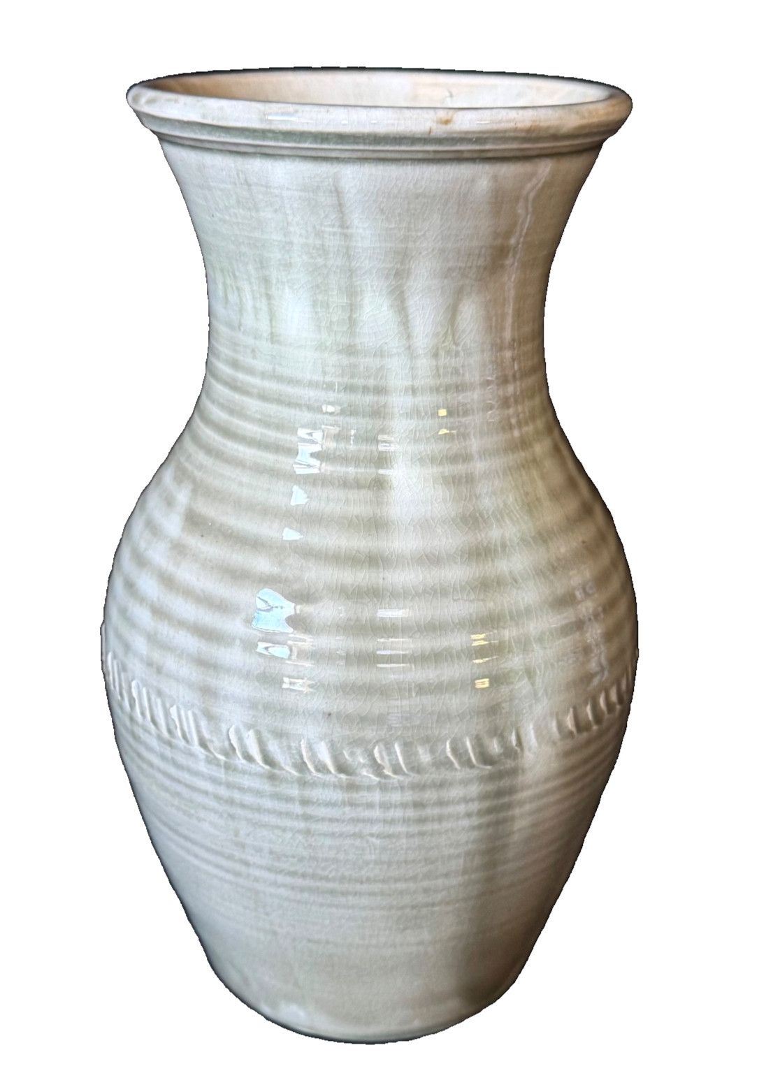 Antique MOORCROFT NATURAL LUSTRE CELADON RIBBED VASE ART POTTERY, 8.7 In. c1930