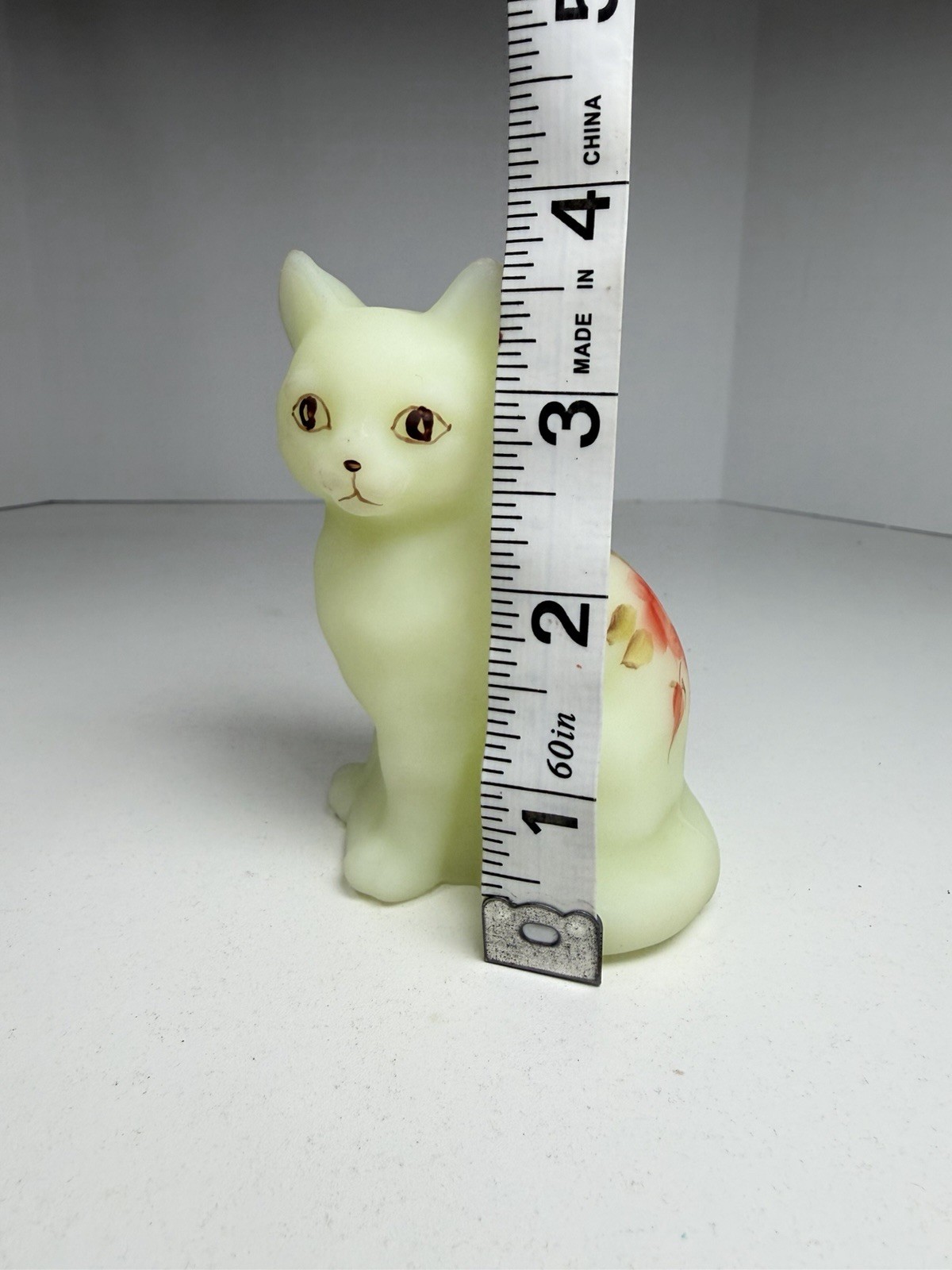 Vintage Fenton Sitting Cat Kitten Satin Custard Glass Uranium Hand Painted