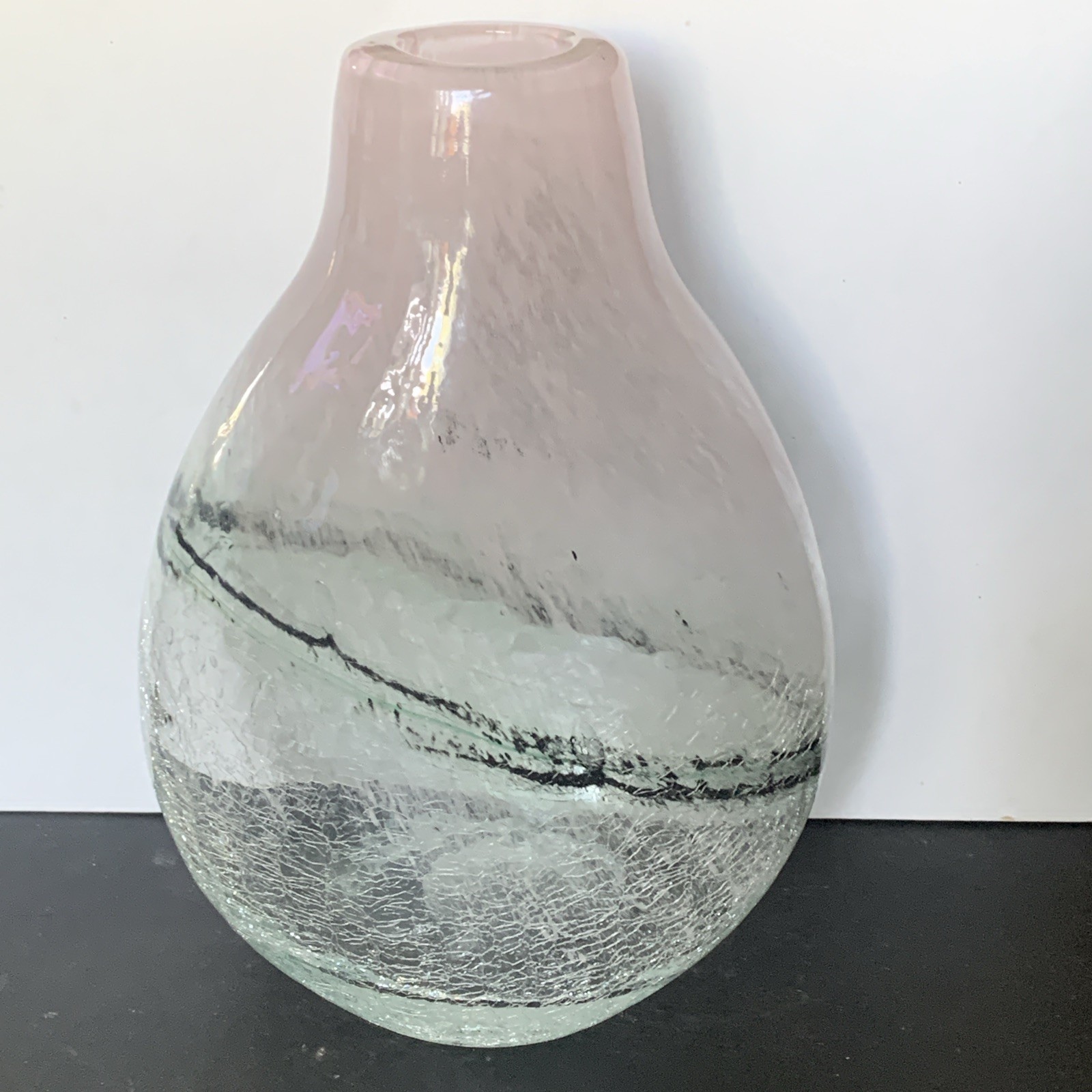 Hand-Blown Art Glass Vase Crackled Glass Pink Green W/Black Band Collectible