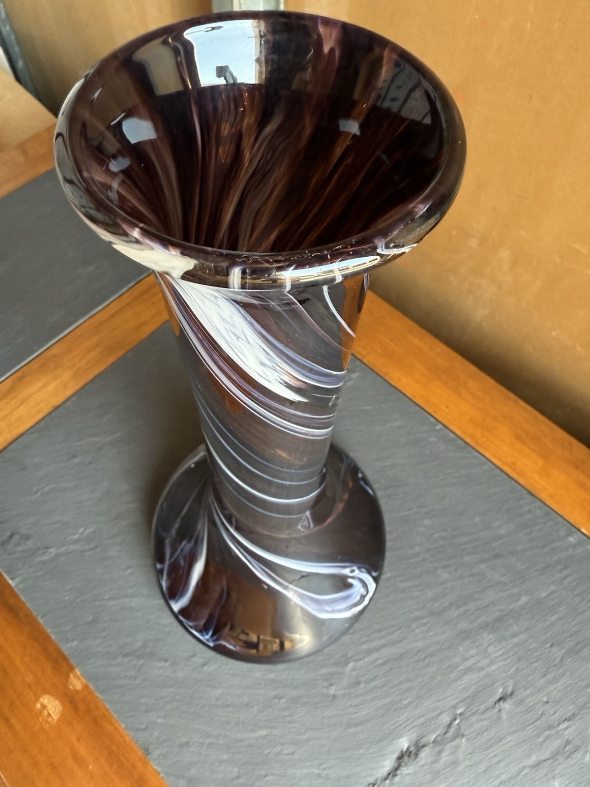 Vintage Vase Art Glass Hand Blown Amethyst and White 15.75” made in Poland MCM